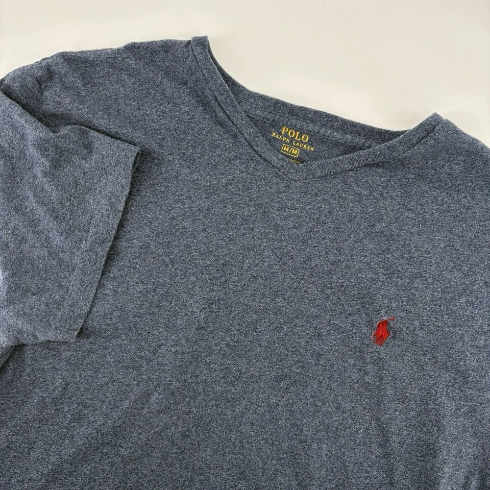 Polo Ralph Lauren Men's Medium T-Shirt V-Neck  Blue Heather Red Pony